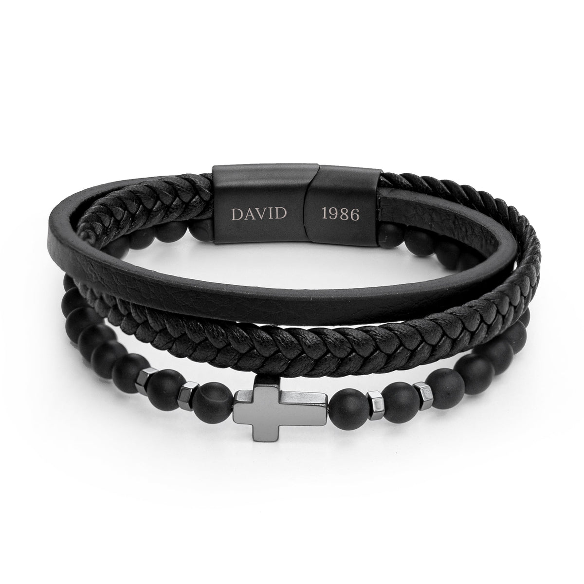 Personalised Men's Beaded and Stacked Leather Cross Bracelet