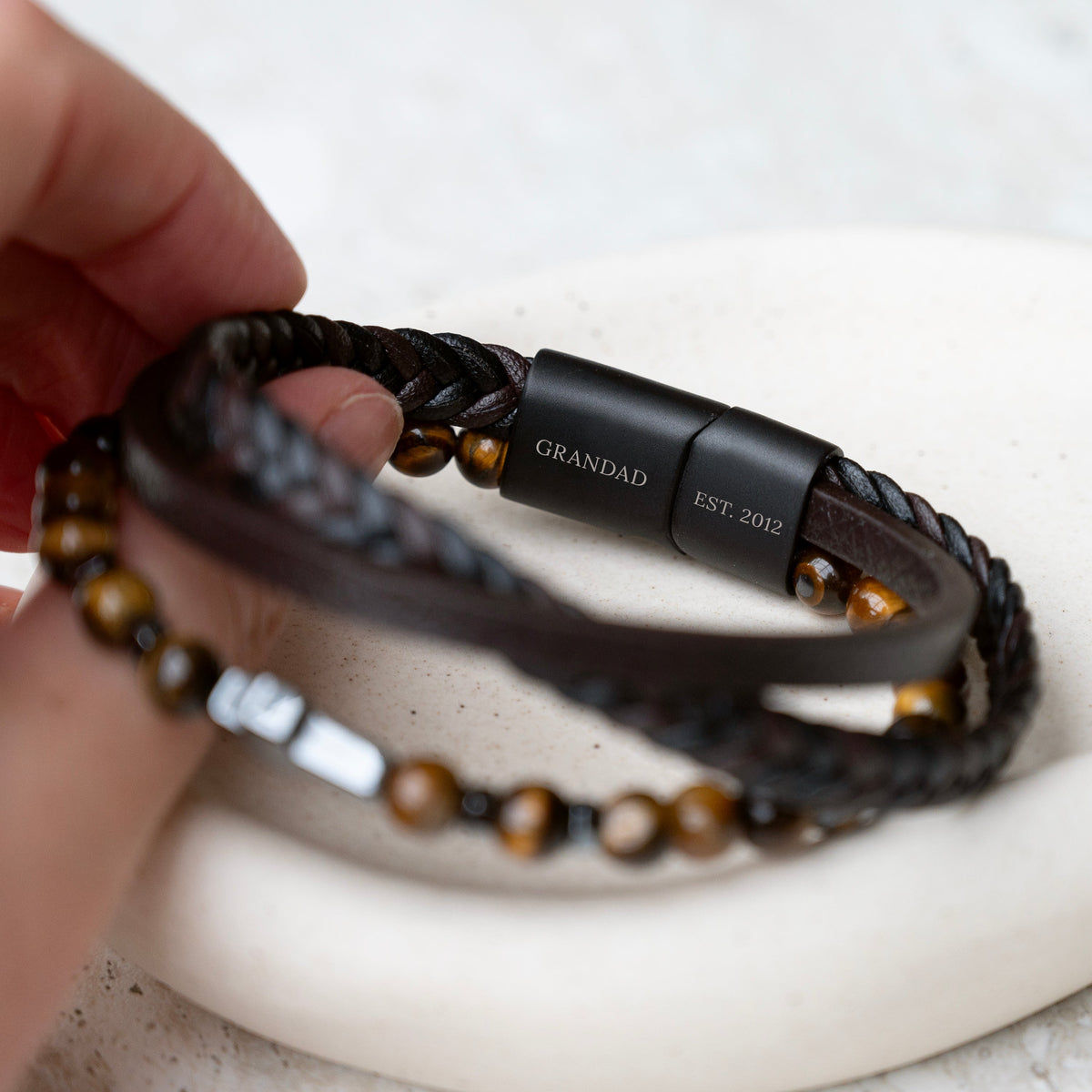 Personalised Men's Dual Tiger's Eye and Leather Cross Bracelet