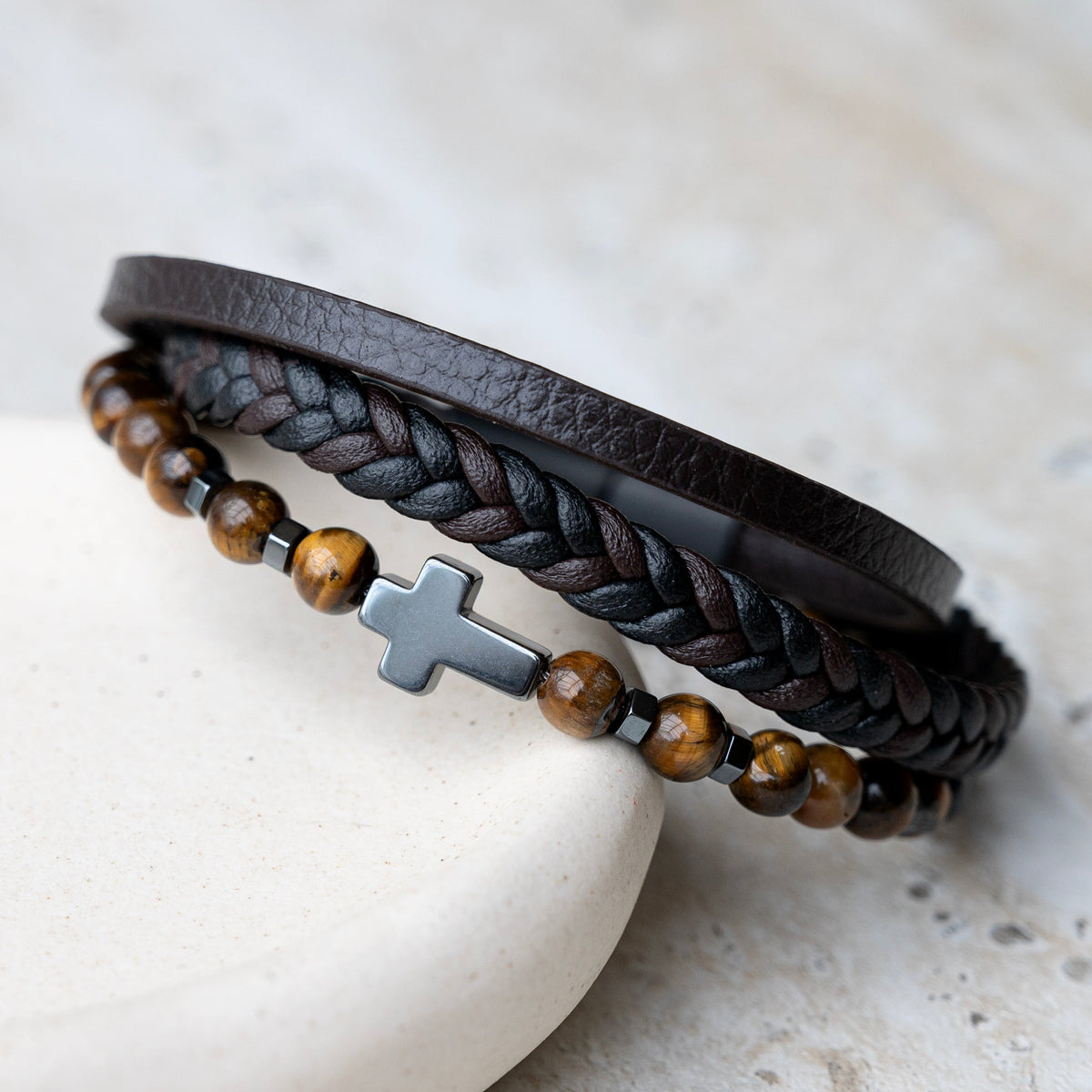 Personalised Men's Dual Tiger's Eye and Leather Cross Bracelet
