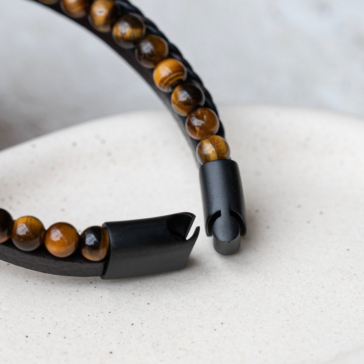 Personalised Men's Dual Tiger's Eye and Leather Cross Bracelet
