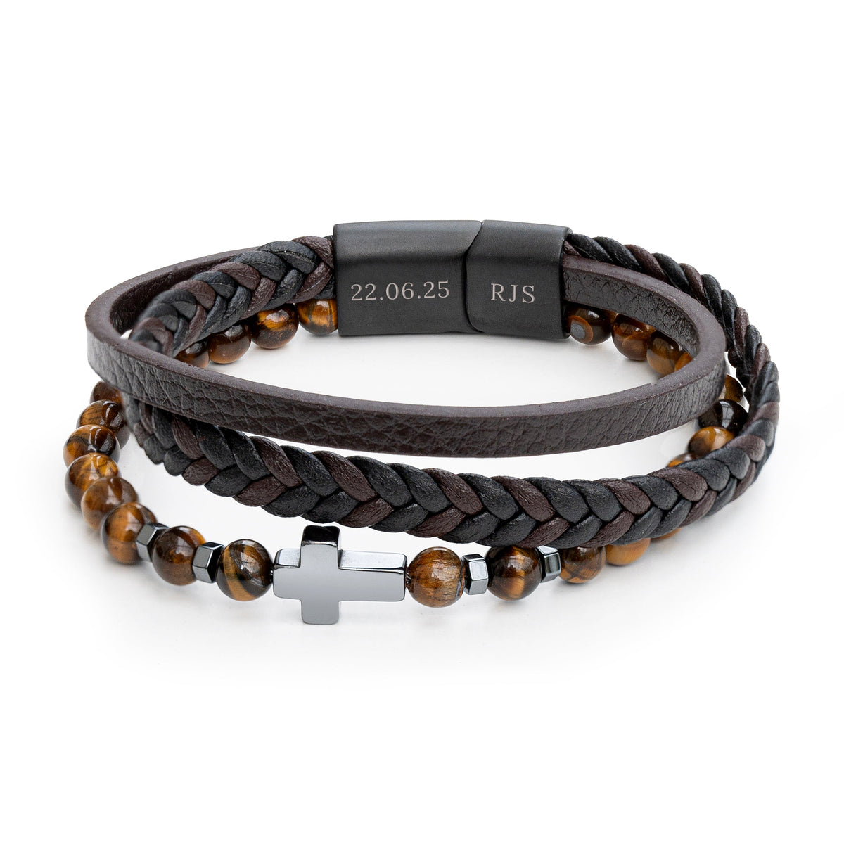 Personalised Men's Dual Tiger's Eye and Leather Cross Bracelet