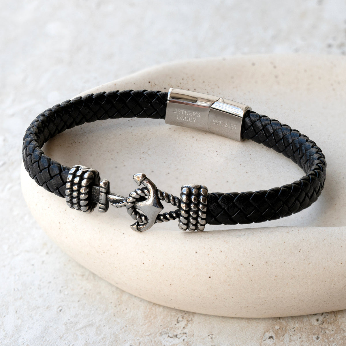 Personalised Men's Woven Leather Anchor Bracelet
