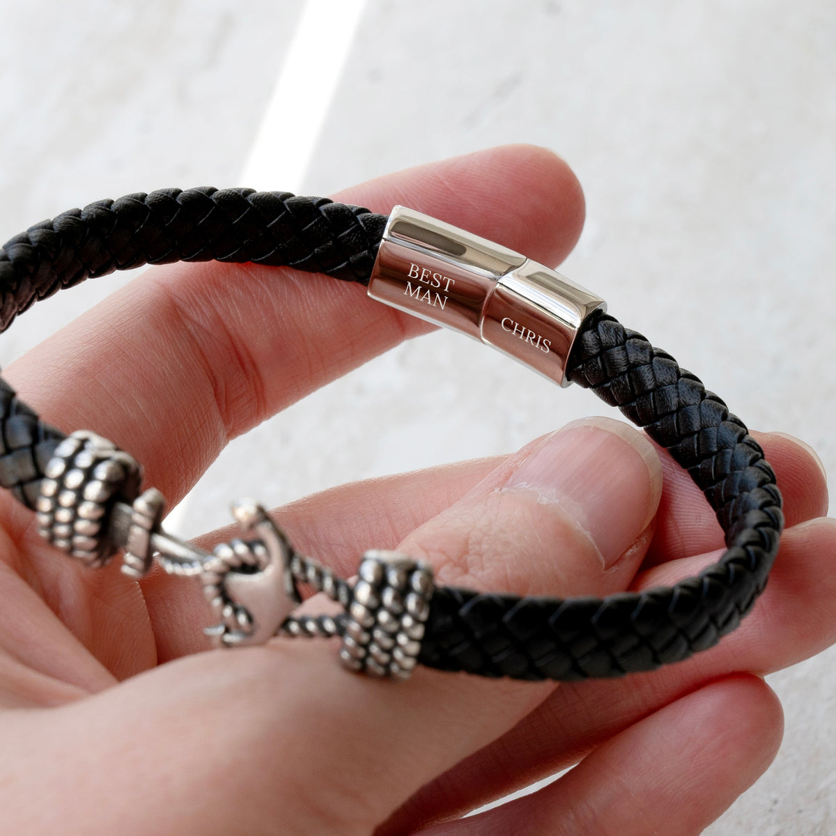 Personalised Men's Woven Leather Anchor Bracelet