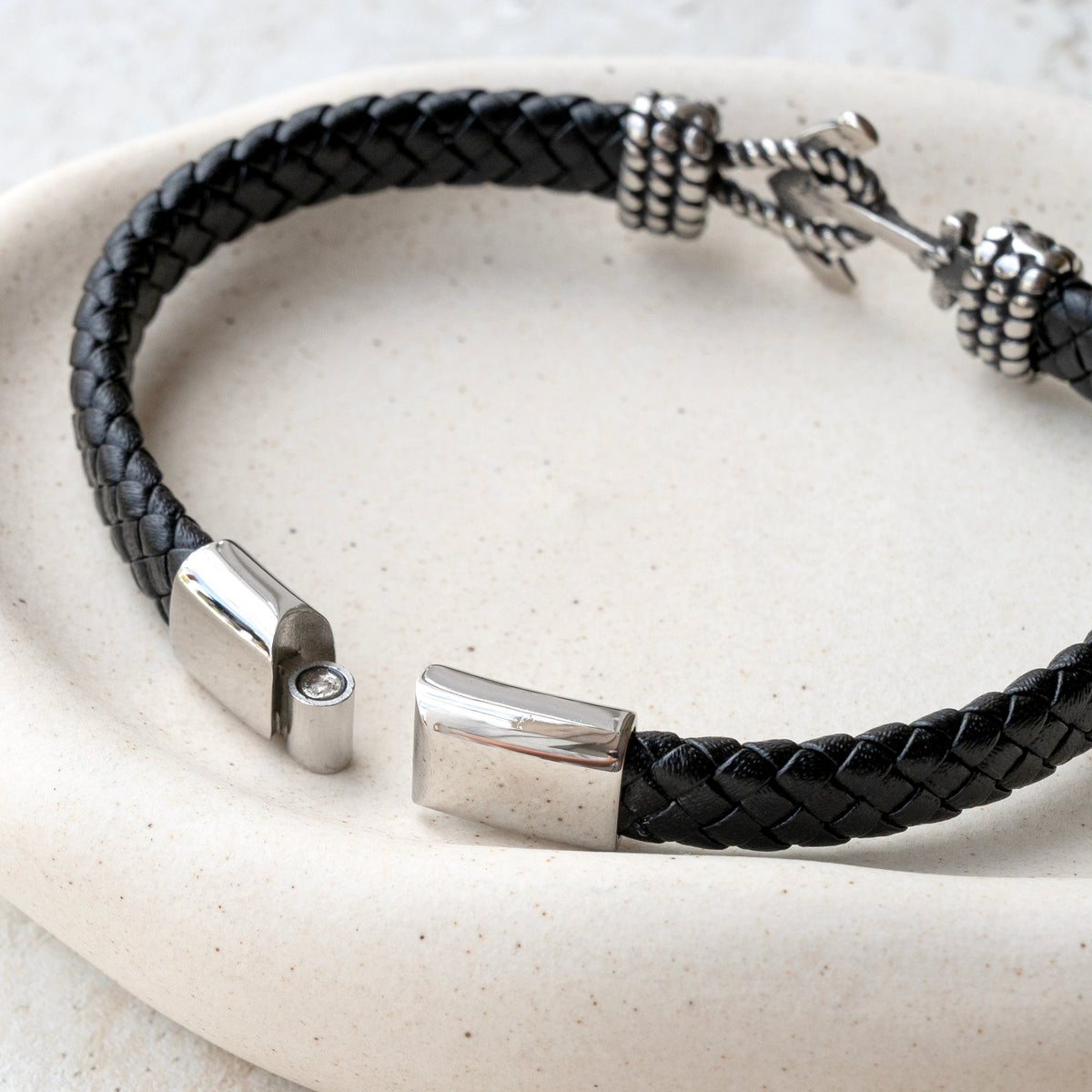 Personalised Men's Woven Leather Anchor Bracelet