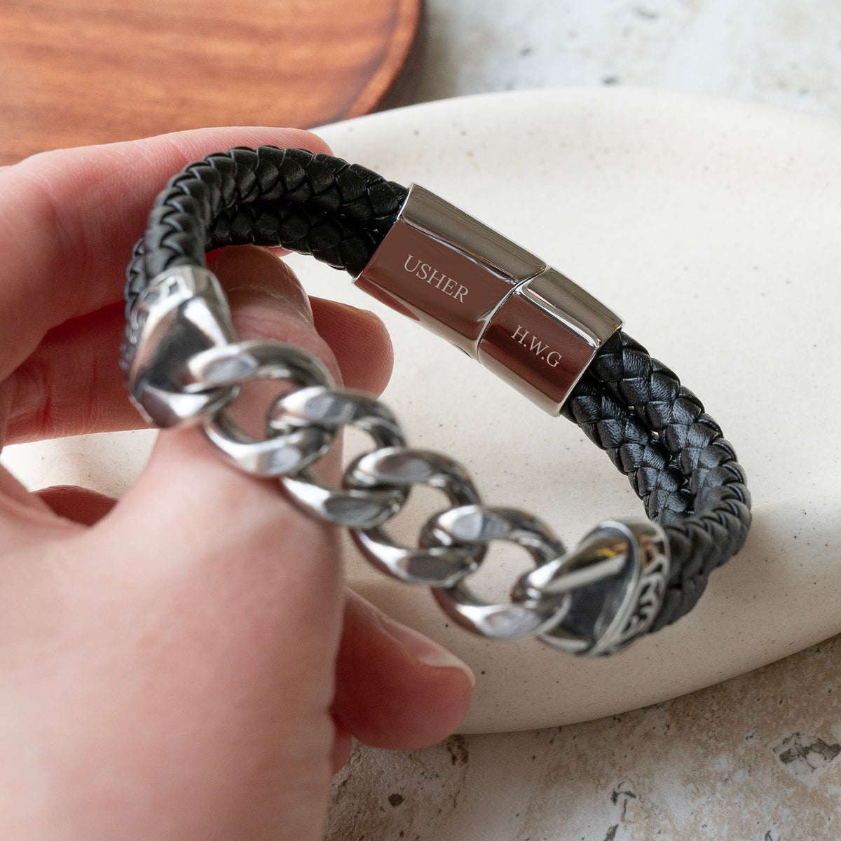 Personalised Urban Steel Leather Bracelet