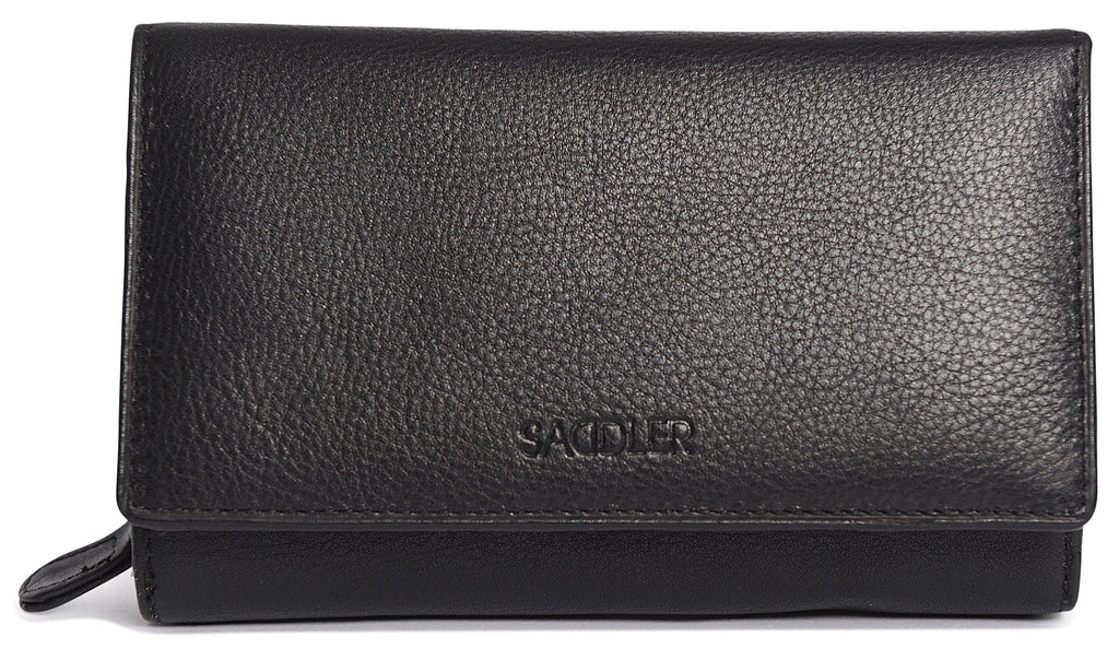 SADDLER PAULA Handmade Leather Trifold Purse, RFID Protected | 8 Card Slots, ID Window & Rear Zip Pocket | Gift Boxed