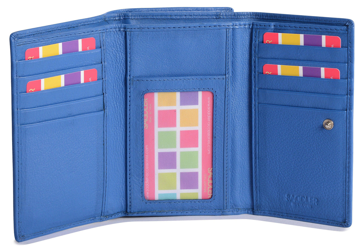 SADDLER PAULA Handmade Leather Trifold Purse, RFID Protected | 8 Card Slots, ID Window & Rear Zip Pocket | Gift Boxed