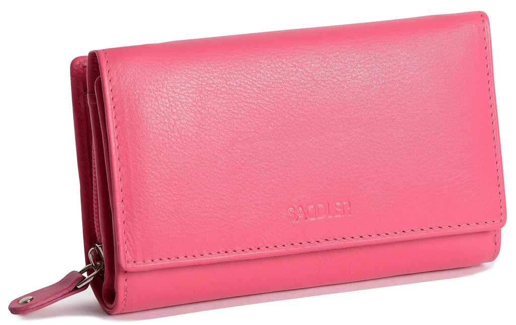 SADDLER PAULA Handmade Leather Trifold Purse, RFID Protected | 8 Card Slots, ID Window & Rear Zip Pocket | Gift Boxed