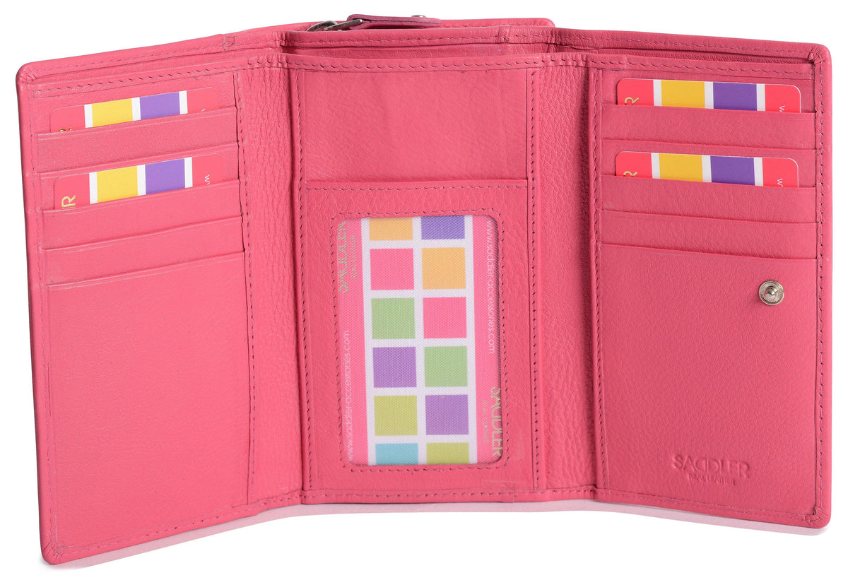 SADDLER PAULA Handmade Leather Trifold Purse, RFID Protected | 8 Card Slots, ID Window & Rear Zip Pocket | Gift Boxed
