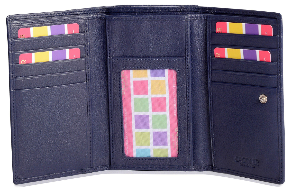 SADDLER PAULA Handmade Leather Trifold Purse, RFID Protected | 8 Card Slots, ID Window & Rear Zip Pocket | Gift Boxed