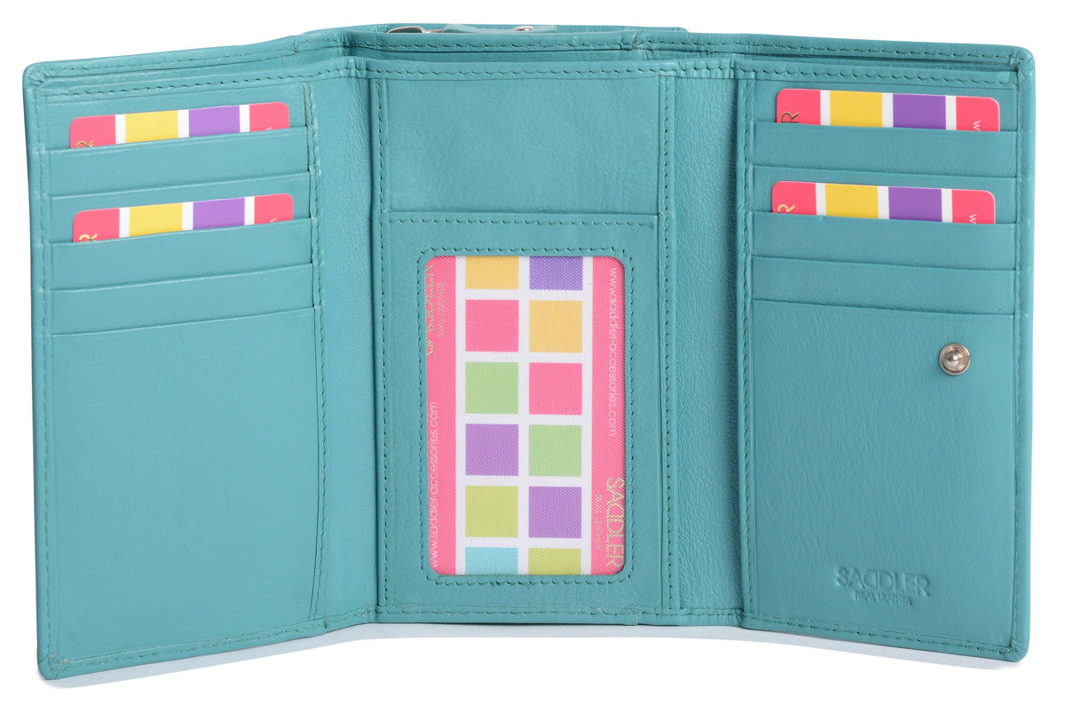 SADDLER PAULA Handmade Leather Trifold Purse, RFID Protected | 8 Card Slots, ID Window & Rear Zip Pocket | Gift Boxed