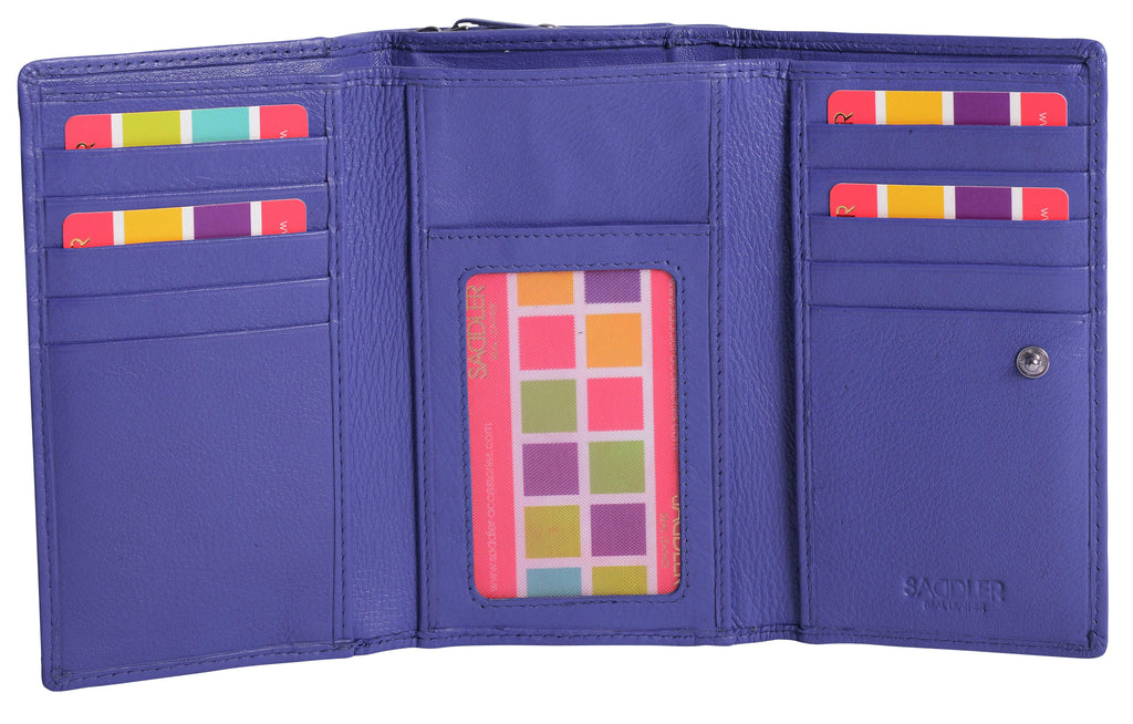 SADDLER PAULA Handmade Leather Trifold Purse, RFID Protected | 8 Card Slots, ID Window & Rear Zip Pocket | Gift Boxed