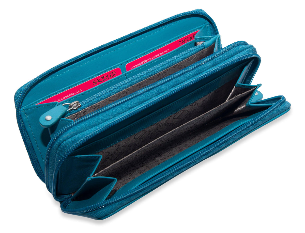 SADDLER GABRIELLA Leather Double Zip Around Purse, 8 Card Slots, Phone Pocket, and Coin Purse, RFID Protected