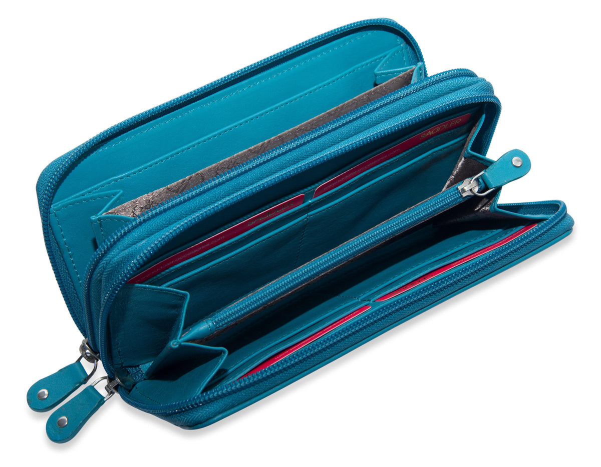 SADDLER GABRIELLA Leather Double Zip Around Purse, 8 Card Slots, Phone Pocket, and Coin Purse, RFID Protected