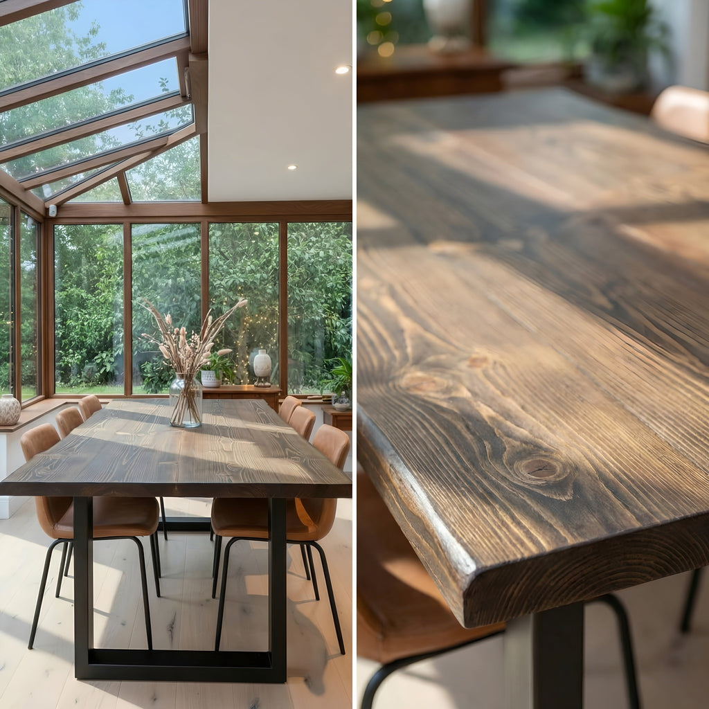 Live / Waney Walnut Colour Edge Dining Table With Metal Legs