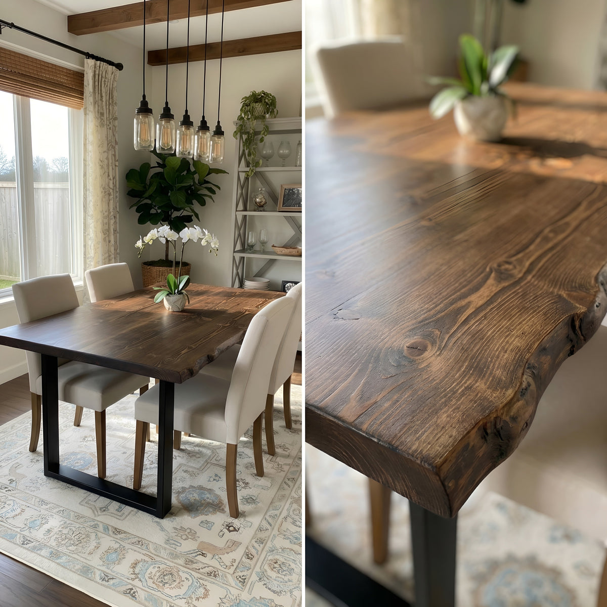 Live / Waney Walnut Colour Edge Dining Table With Metal Legs