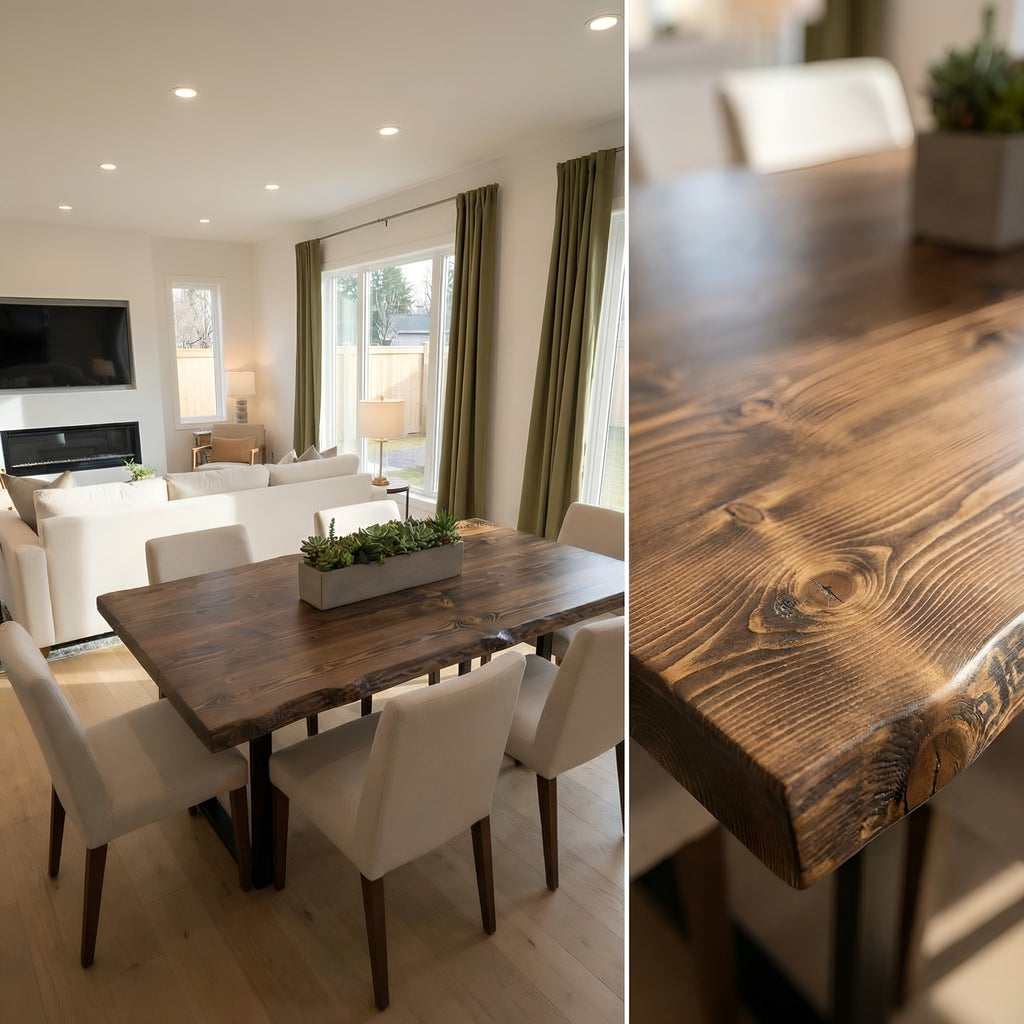 Live / Waney Walnut Colour Edge Dining Table With Metal Legs