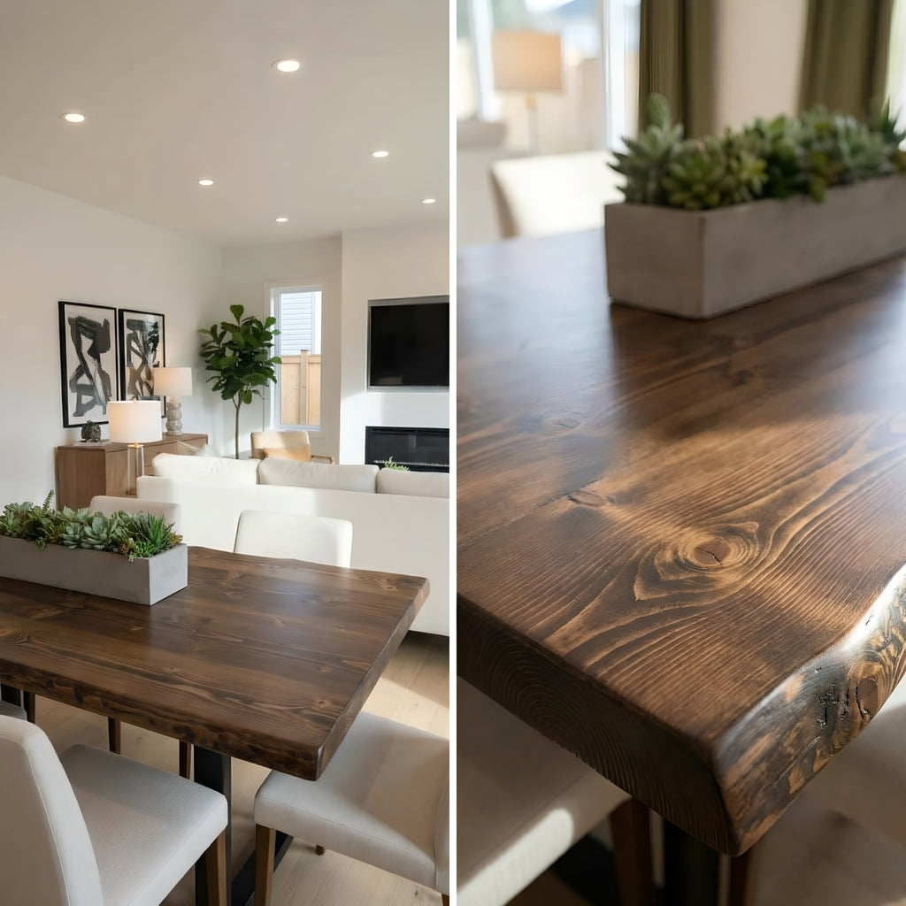 Live / Waney Walnut Colour Edge Dining Table With Metal Legs
