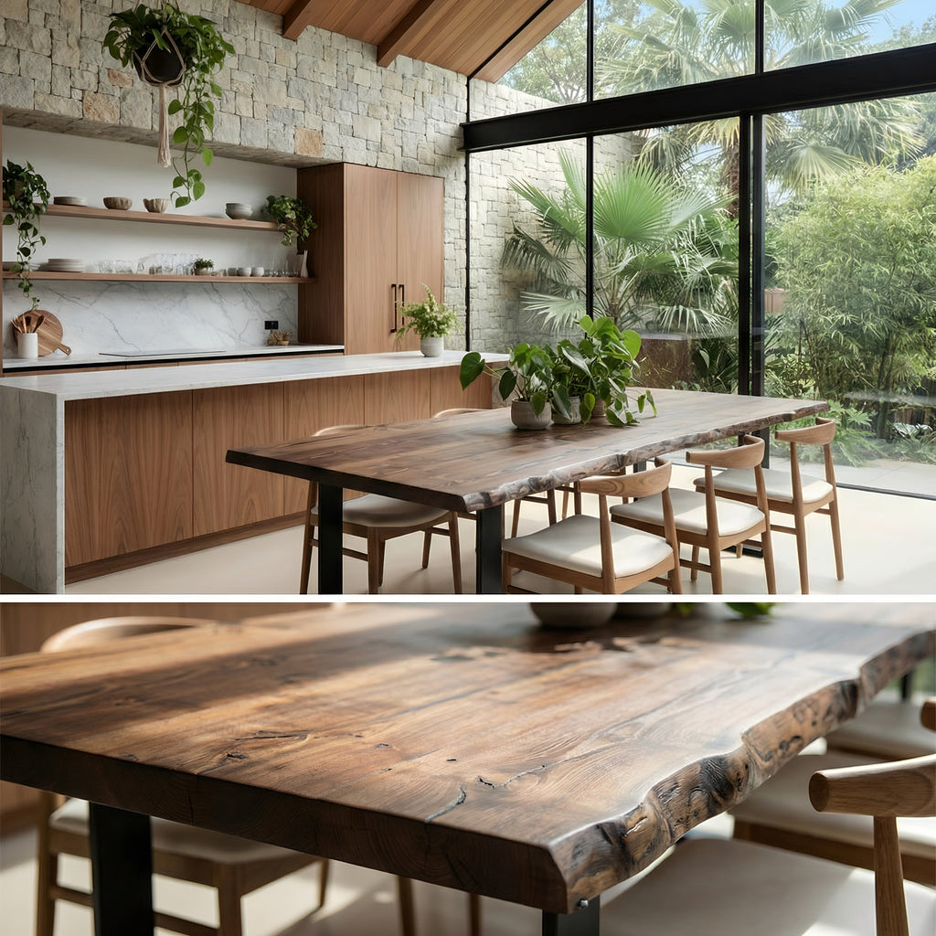 Live / Waney Walnut Colour Edge Dining Table With Metal Legs