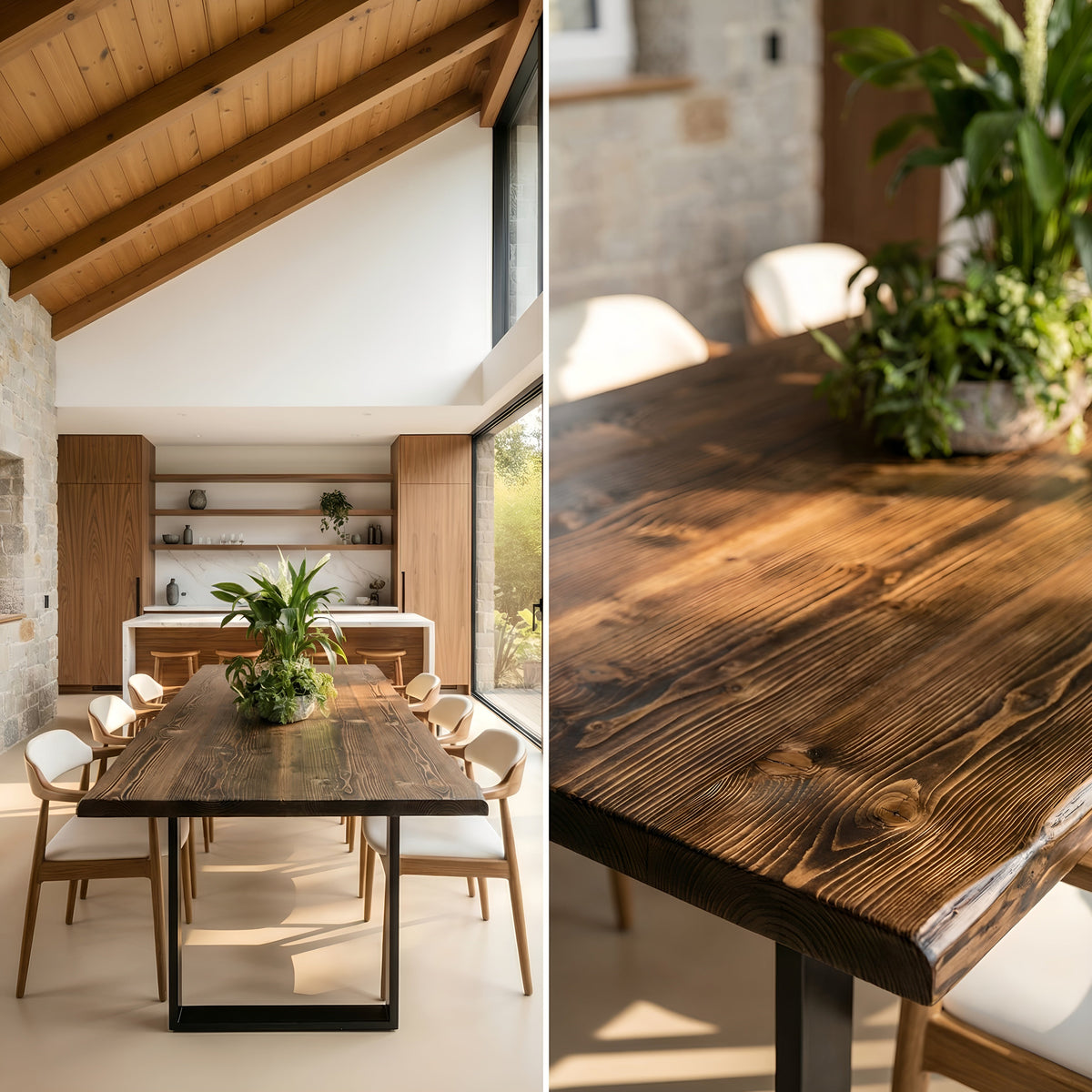 Live / Waney Walnut Colour Edge Dining Table With Metal Legs