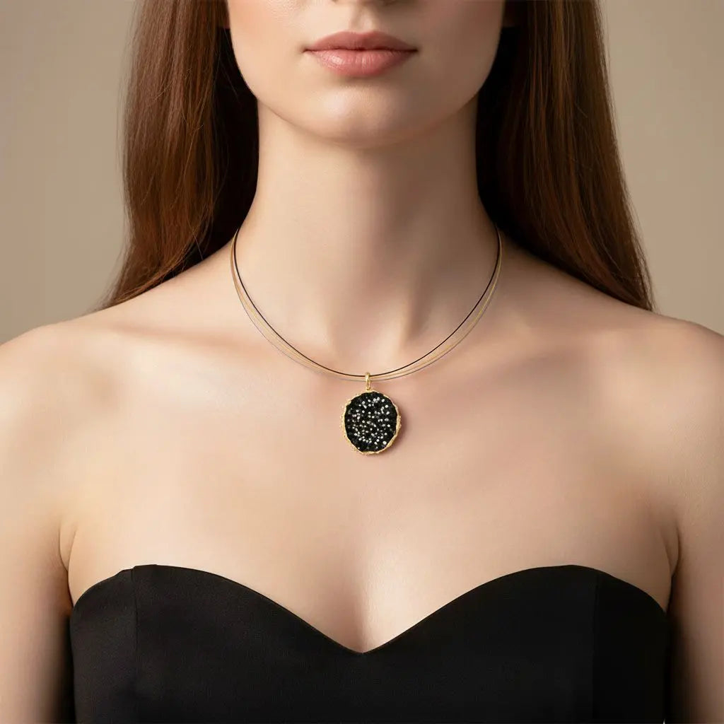 Dance of Stamens Necklace Midi, Gold Plated Hollow Bezel with Black Spinel