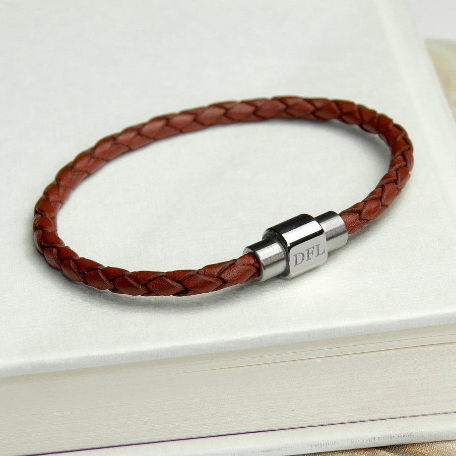 Personalised Men's Burnt Sienna Woven Leather Bracelet