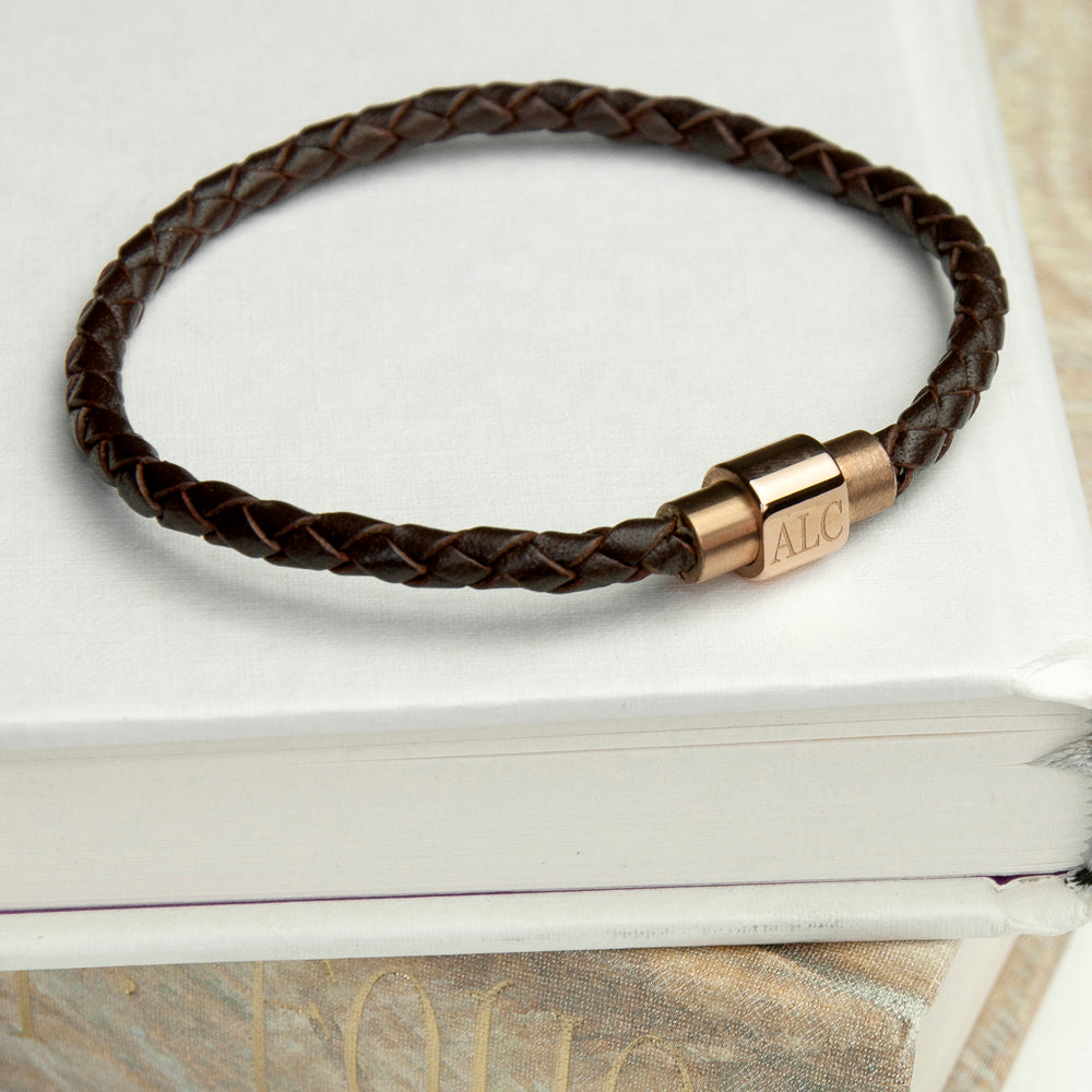 Personalised Men's Woven Leather Bracelet with Rose Gold Clasp