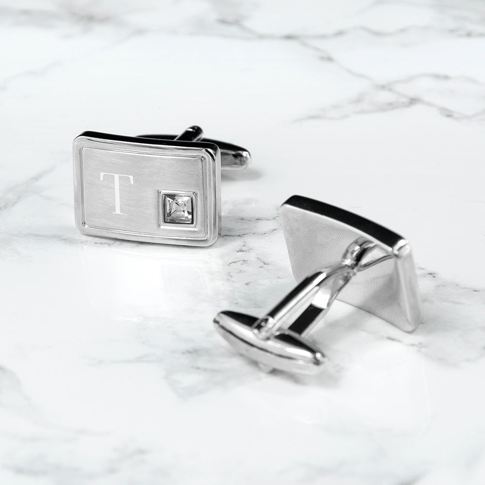 Personalised Brushed Silver Cufflinks with Crystal