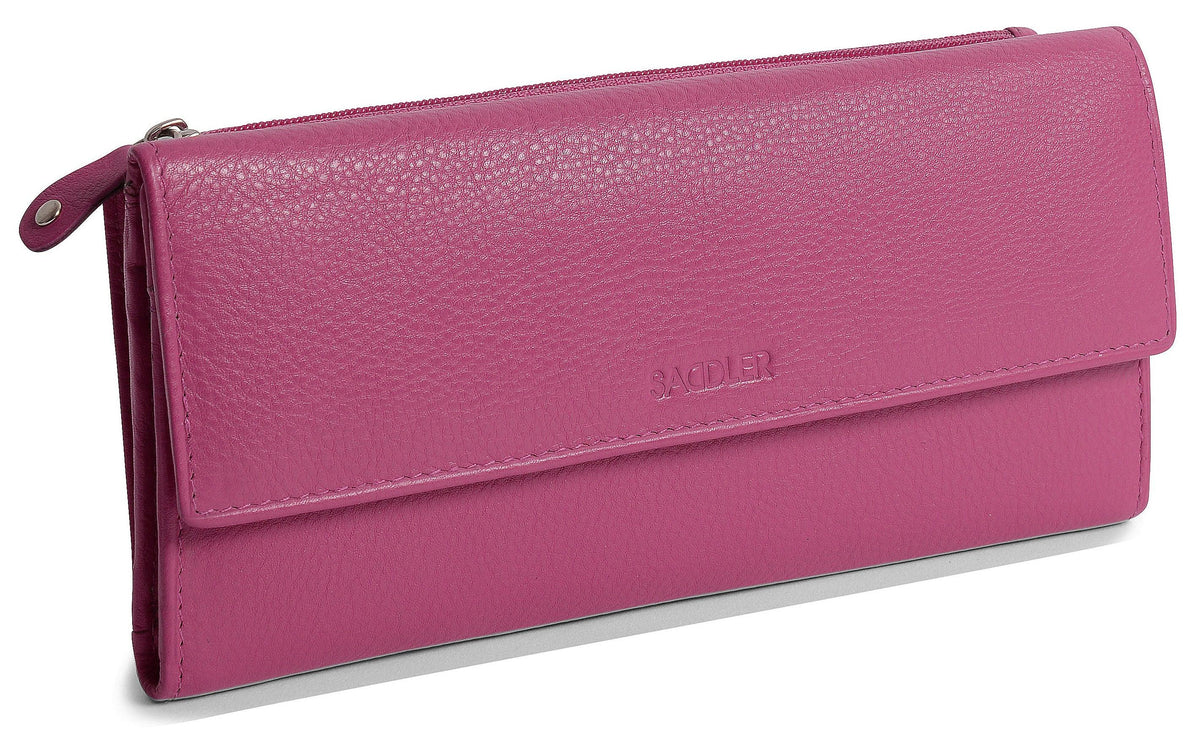 SADDLER CLAIRE Long Leather Trifold Purse, 18 Card Slots, Dual Zip Pockets, and Note Sections, RFID Protected