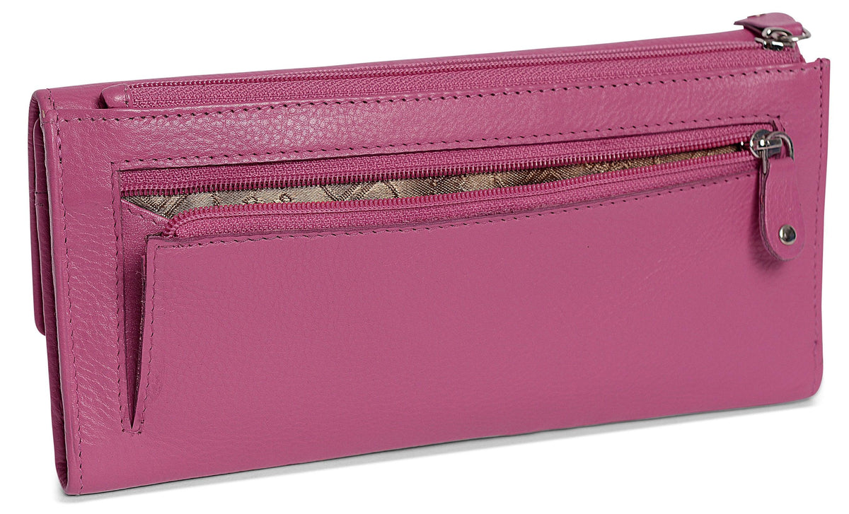 SADDLER CLAIRE Long Leather Trifold Purse, 18 Card Slots, Dual Zip Pockets, and Note Sections, RFID Protected