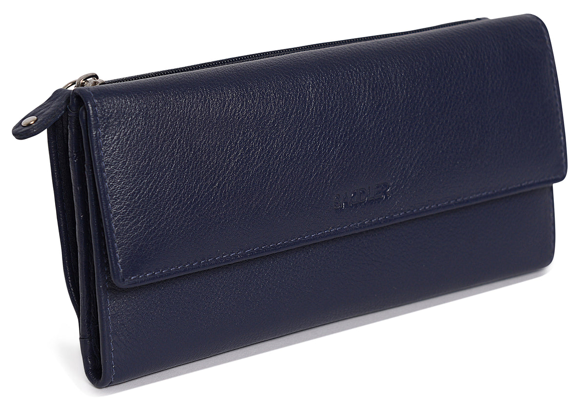 SADDLER CLAIRE Long Leather Trifold Purse, 18 Card Slots, Dual Zip Pockets, and Note Sections, RFID Protected