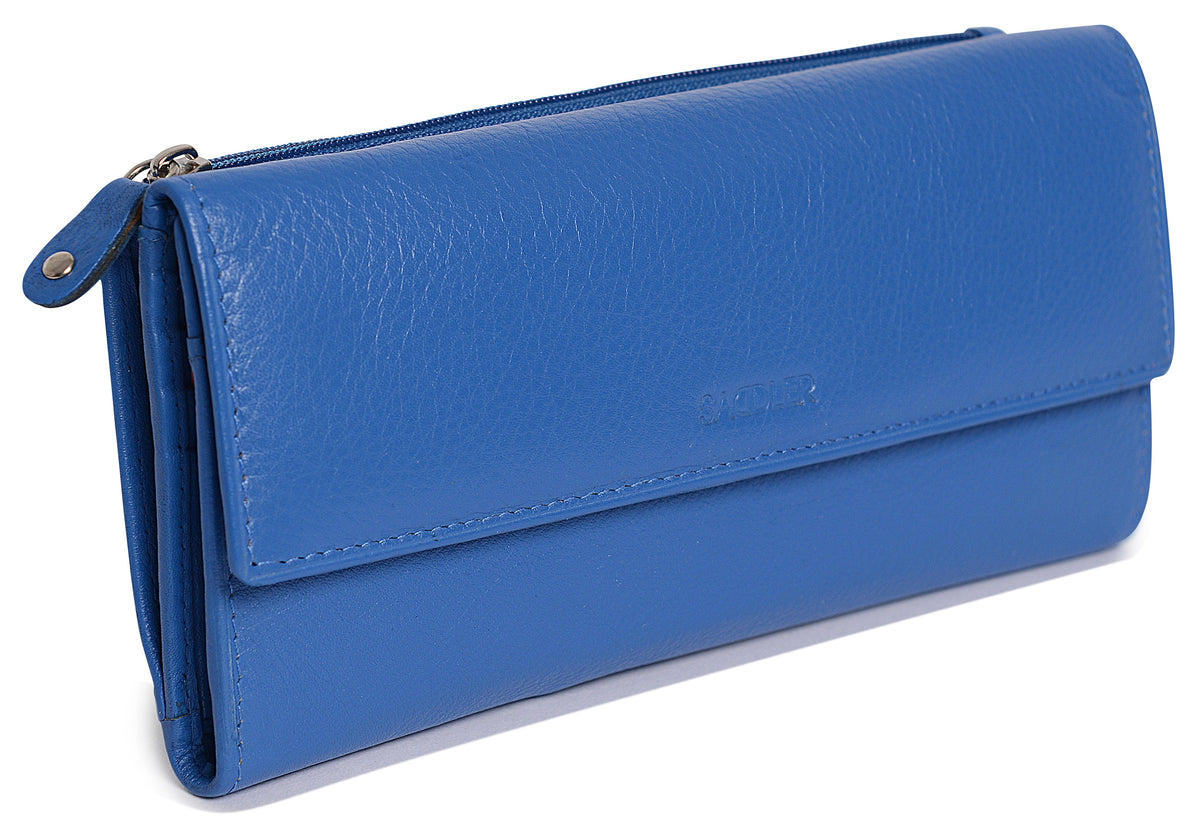 SADDLER CLAIRE Long Leather Trifold Purse, 18 Card Slots, Dual Zip Pockets, and Note Sections, RFID Protected