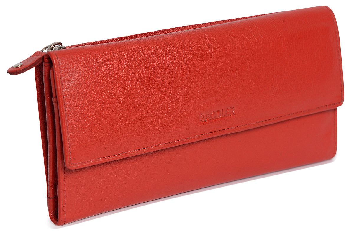 SADDLER CLAIRE Long Leather Trifold Purse, 18 Card Slots, Dual Zip Pockets, and Note Sections, RFID Protected