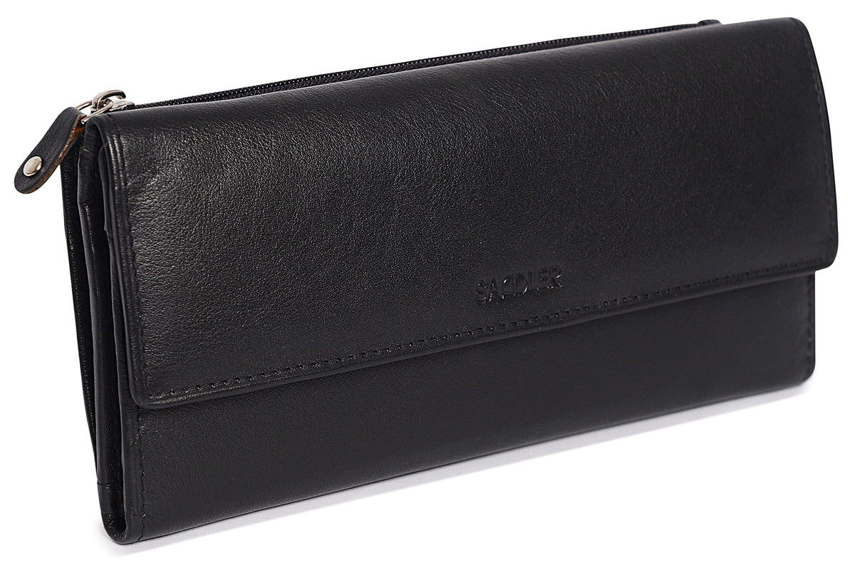 SADDLER CLAIRE Long Leather Trifold Purse, 18 Card Slots, Dual Zip Pockets, and Note Sections, RFID Protected