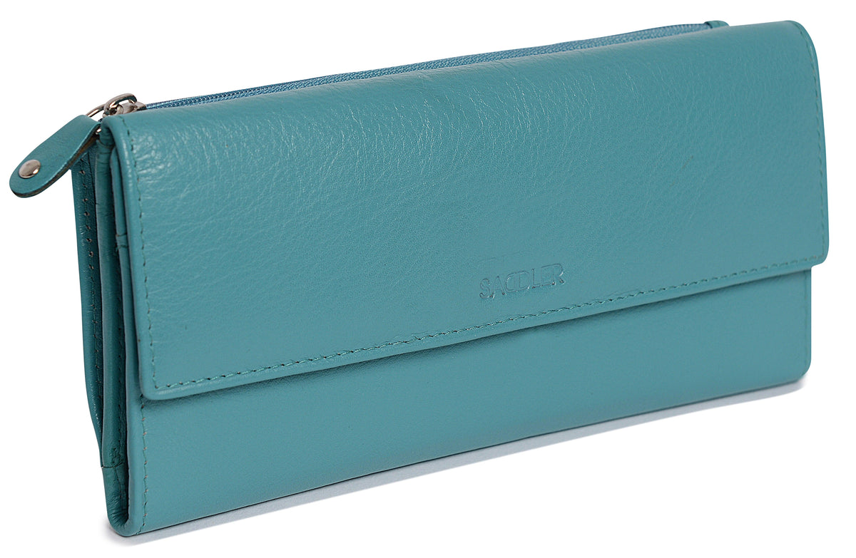 SADDLER CLAIRE Long Leather Trifold Purse, 18 Card Slots, Dual Zip Pockets, and Note Sections, RFID Protected