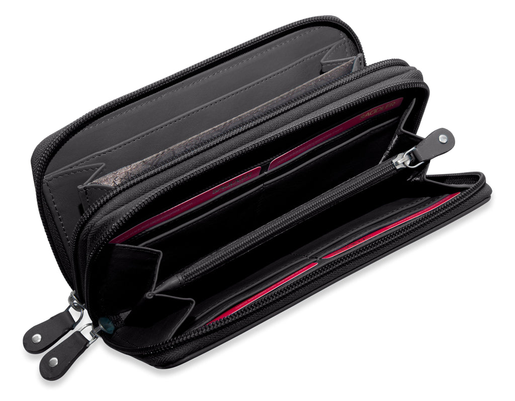 SADDLER GABRIELLA Leather Double Zip Around Purse, 8 Card Slots, Phone Pocket, and Coin Purse, RFID Protected