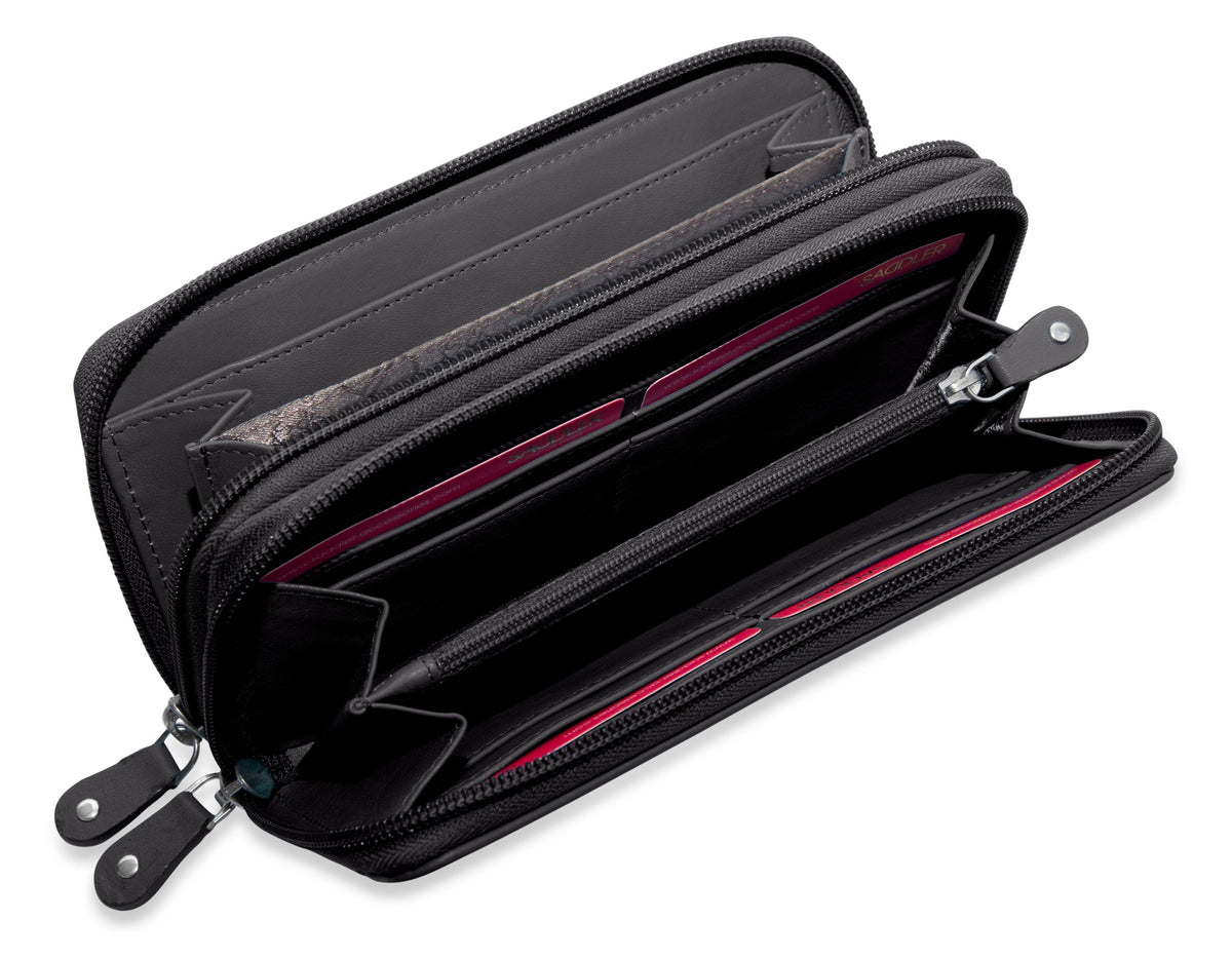 SADDLER GABRIELLA Leather Double Zip Around Purse, 8 Card Slots, Phone Pocket, and Coin Purse, RFID Protected