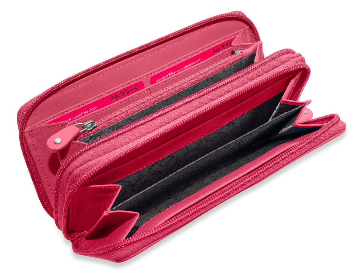 SADDLER GABRIELLA Leather Double Zip Around Purse, 8 Card Slots, Phone Pocket, and Coin Purse, RFID Protected