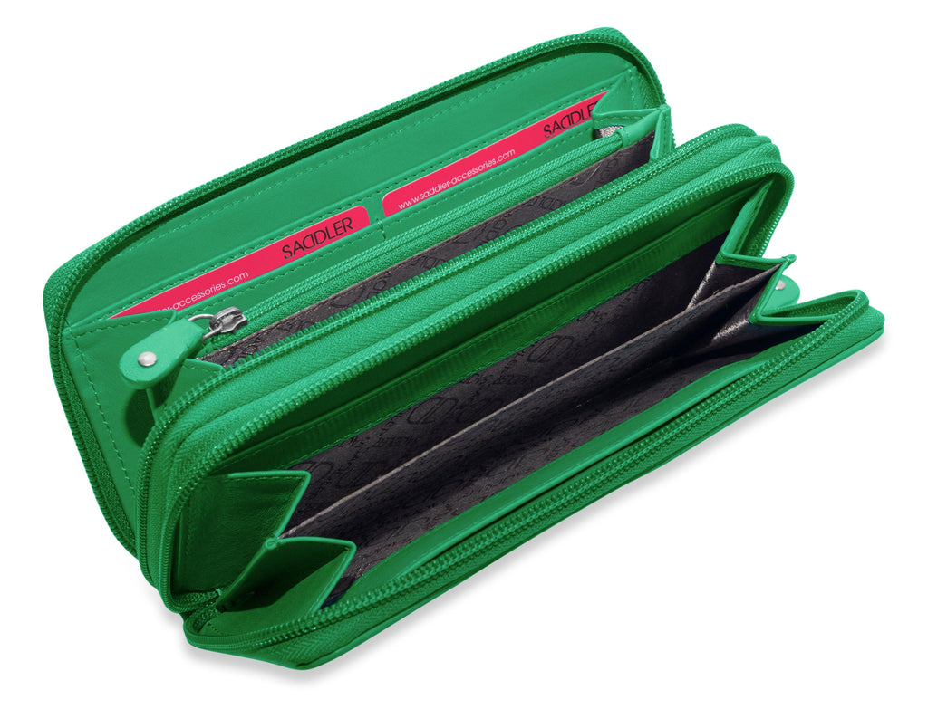 SADDLER GABRIELLA Leather Double Zip Around Purse, 8 Card Slots, Phone Pocket, and Coin Purse, RFID Protected