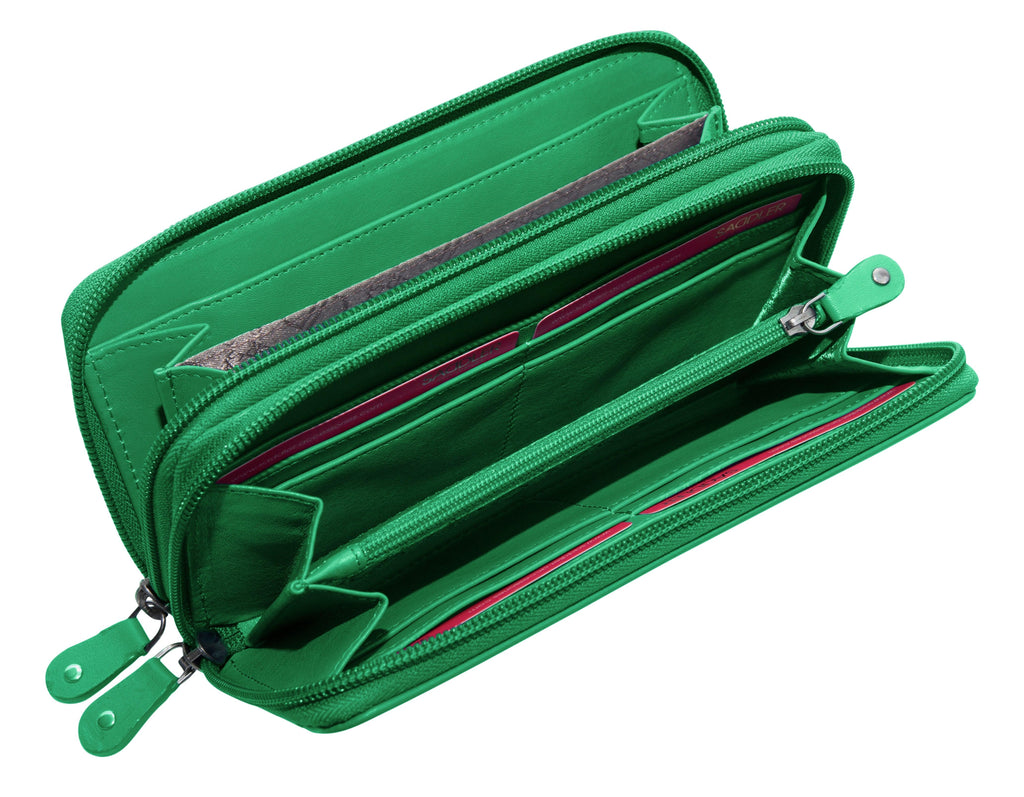 SADDLER GABRIELLA Leather Double Zip Around Purse, 8 Card Slots, Phone Pocket, and Coin Purse, RFID Protected