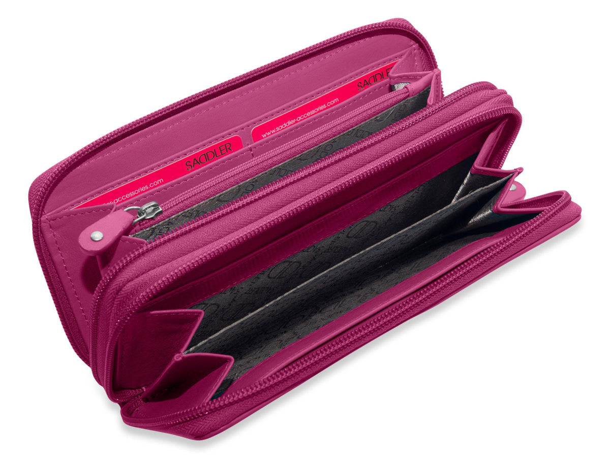 SADDLER GABRIELLA Leather Double Zip Around Purse, 8 Card Slots, Phone Pocket, and Coin Purse, RFID Protected
