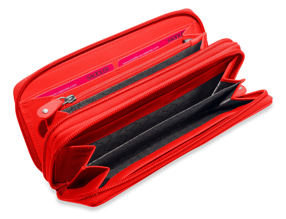 SADDLER GABRIELLA Leather Double Zip Around Purse, 8 Card Slots, Phone Pocket, and Coin Purse, RFID Protected