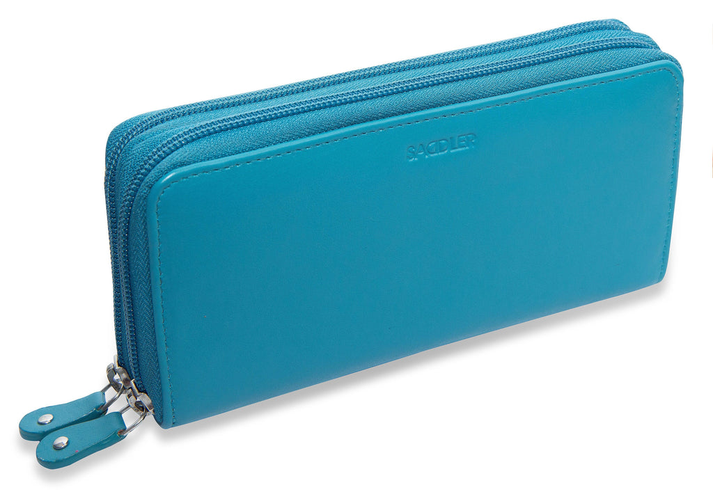 SADDLER GABRIELLA Leather Double Zip Around Purse, 8 Card Slots, Phone Pocket, and Coin Purse, RFID Protected