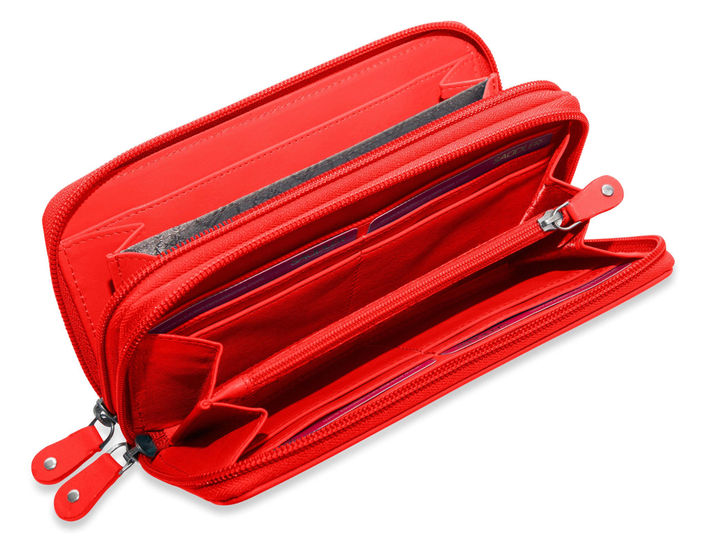 SADDLER GABRIELLA Leather Double Zip Around Purse, 8 Card Slots, Phone Pocket, and Coin Purse, RFID Protected