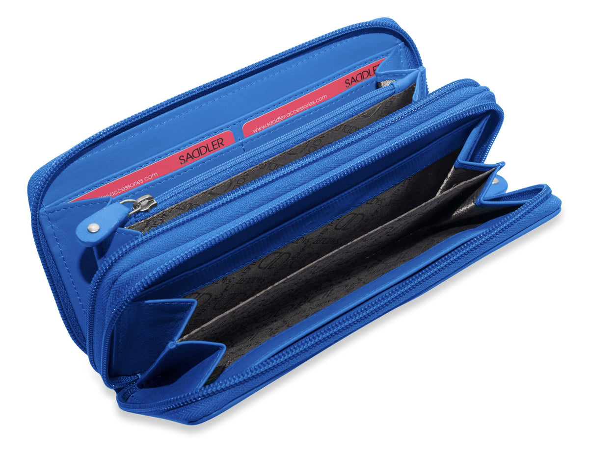 SADDLER GABRIELLA Leather Double Zip Around Purse, 8 Card Slots, Phone Pocket, and Coin Purse, RFID Protected