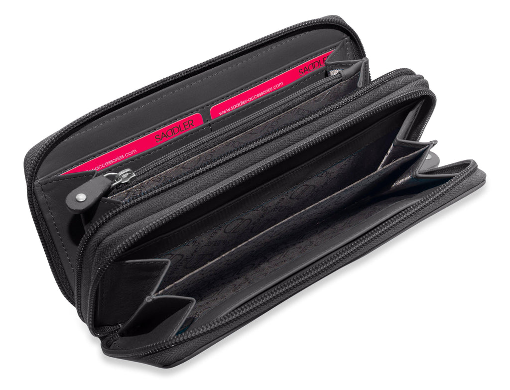 SADDLER GABRIELLA Leather Double Zip Around Purse, 8 Card Slots, Phone Pocket, and Coin Purse, RFID Protected
