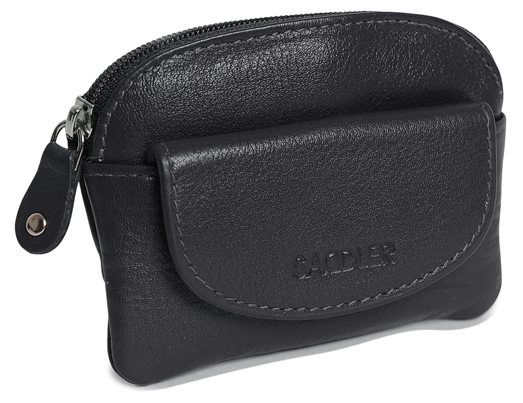Compact Leather Zip-Top Coin Purse "Molly", Handmade by Saddler | RFID Protected & Gift Boxed | With Front Pocket & Interior Key Ring