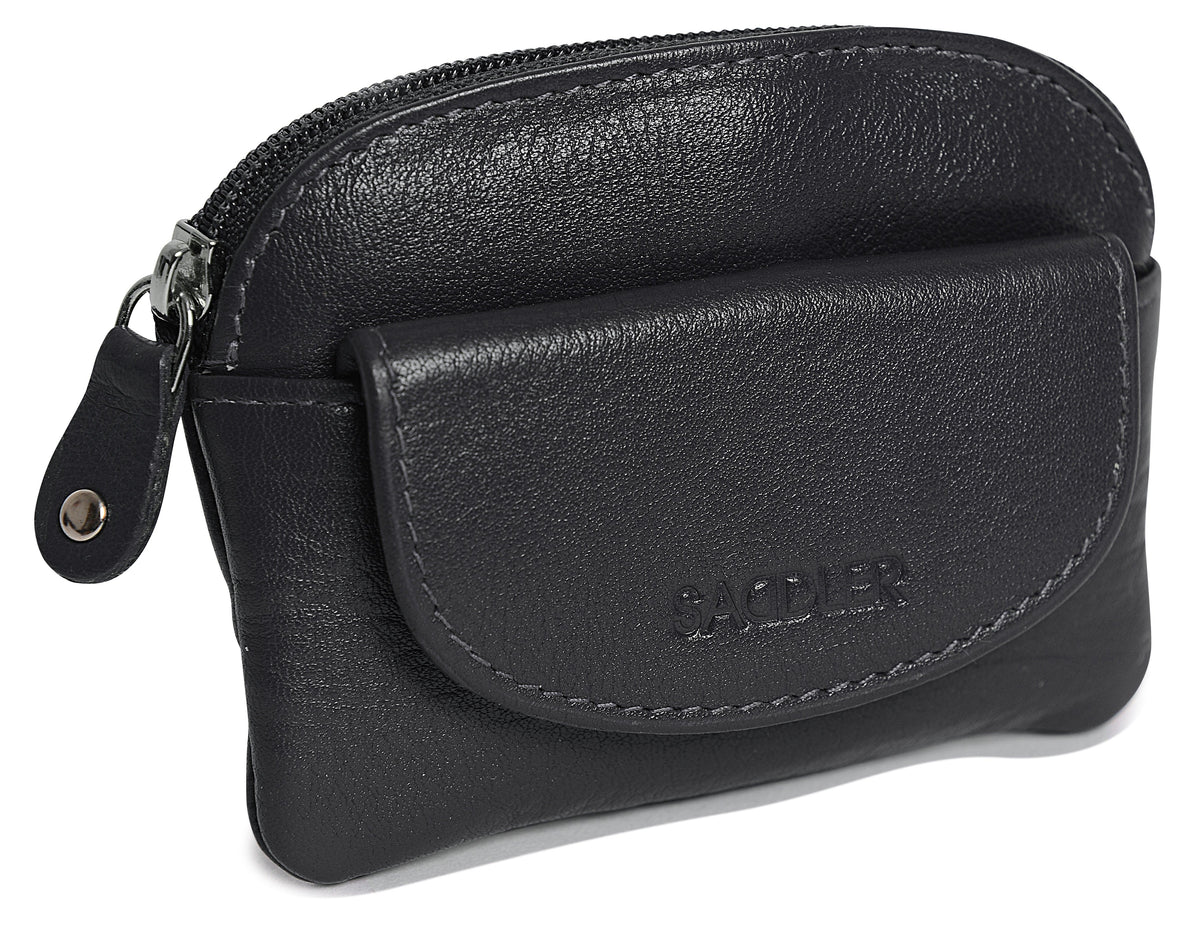 Compact Leather Zip-Top Coin Purse "Molly", Handmade by Saddler | RFID Protected & Gift Boxed | With Front Pocket & Interior Key Ring