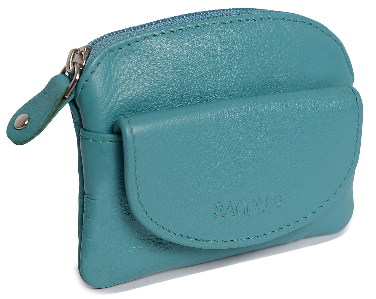 Compact Leather Zip-Top Coin Purse "Molly", Handmade by Saddler | RFID Protected & Gift Boxed | With Front Pocket & Interior Key Ring