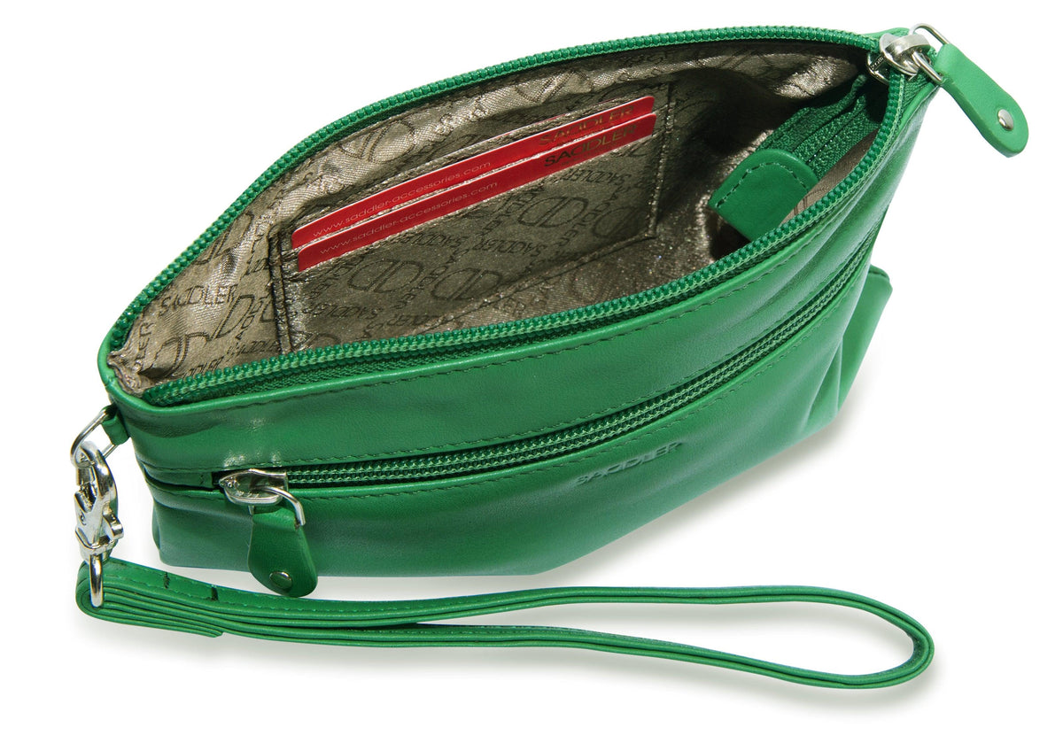 SADDLER SCARLETT Leather Zip Top Mini Clutch, Phone Holder with Detachable Wrist Strap, RFID Protected
